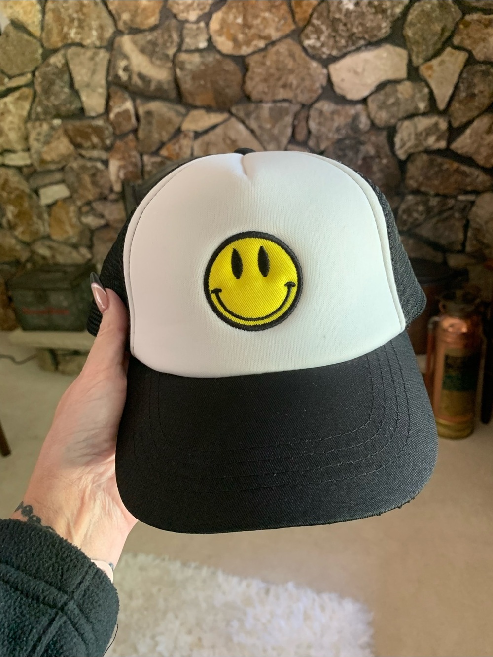 Kids Black & White Trucker Hat with Yellow Smiley Patch NWOT